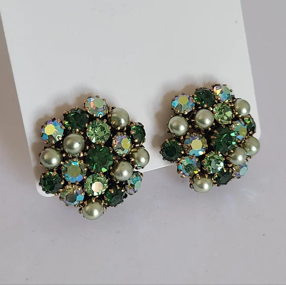 Vintage Mid Century Mod Gold Green Crystal AB Rhinestone Chunky Clip-On Earrings - Picture 8 of 9